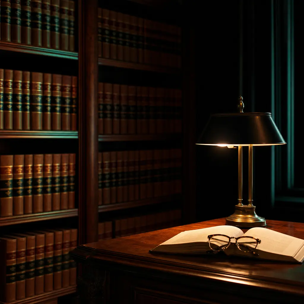 Mahogany law library with a brass lamp glowing on a desk corner