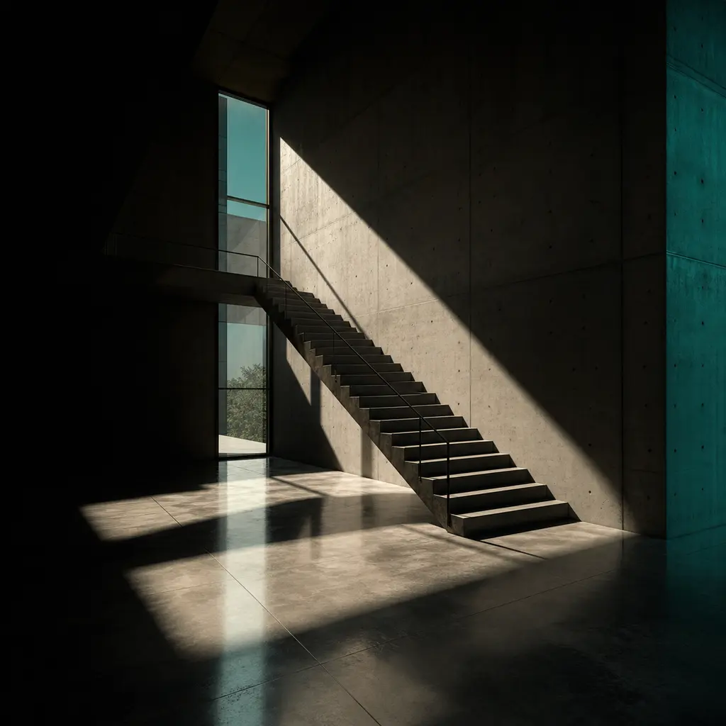 Architectural interior with hard window light across a polished concrete floor