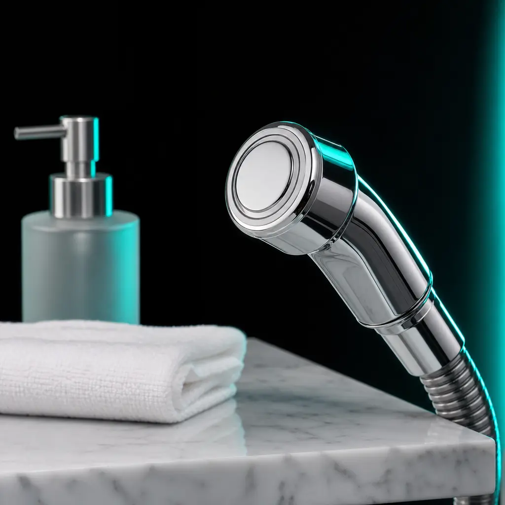 Polished clinical instruments and a folded white towel on a marble shelf